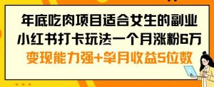 年底吃肉项目适合女生的副业小红书打卡玩法一个月涨粉6万+变现能力强+单月收益5位数【揭秘】-520资源库
