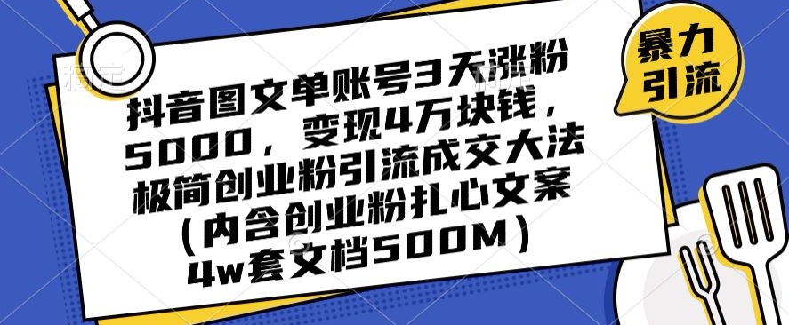 抖音图文单账号3天涨粉5000，变现4万块钱，极简创业粉引流成交大法-520资源库