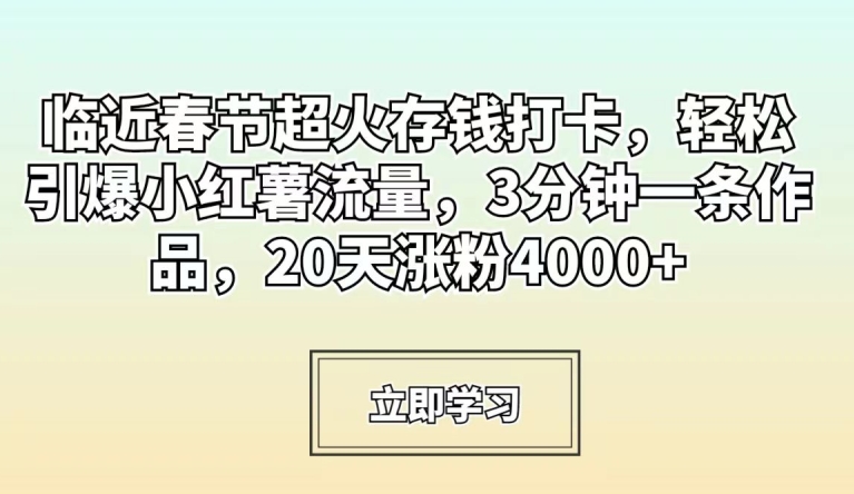 临近春节超火存钱打卡,轻松引爆小红薯流量,3分钟一条作品,20天涨粉4000+【揭秘】-520资源库