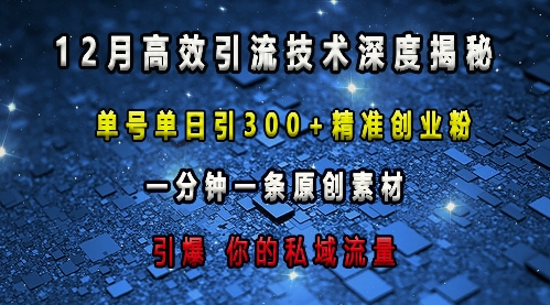 最新高效引流技术深度揭秘 ，单号单日引300+精准创业粉，一分钟一条原创素材，引爆你的私域流量-520资源库