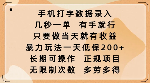 手机打字数据录入，几秒一单，有手就行，只要做当天就有收益，暴力玩法一天低保2张-520资源库