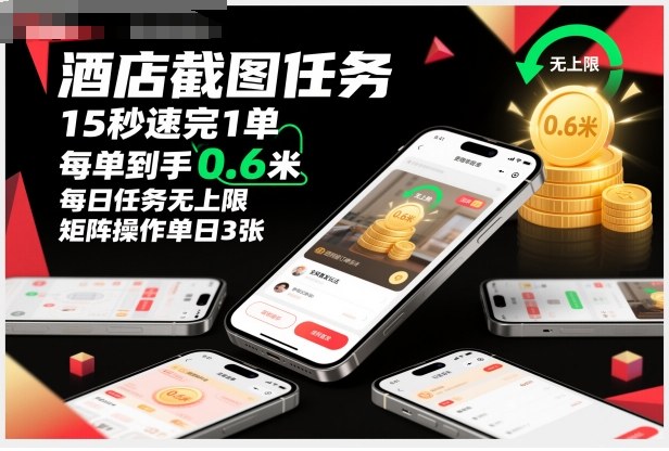 酒店截图任务，15秒速完1单，每单到手0.6米，每日任务无上限，全网首发玩法，矩阵操作单日3张【揭秘】-520资源库