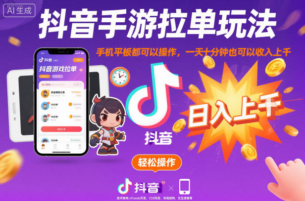 抖音手游拉单玩法，手机平板都可以操作，一天十分钟也可以收入上K【揭秘】-520资源库