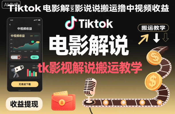 Tiktok电影解说搬运撸中视频收益，tk影视解说搬运教学-520资源库