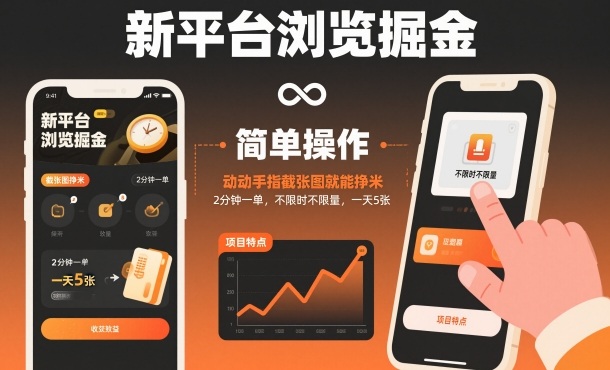 新平台浏览掘金，动动手指截张图就能挣米，2分钟一单，不限时不限量，一天5张【揭秘】-520资源库