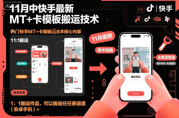 11月中快手最新MT+卡模板搬运技术，1：1搬运作品，可以搬运任何赛道（安卓手机）-520资源库