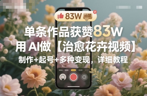 单条作品获赞83W，用AI做【治愈花卉视频】，制作+起号+多种变现，详细教程-520资源库