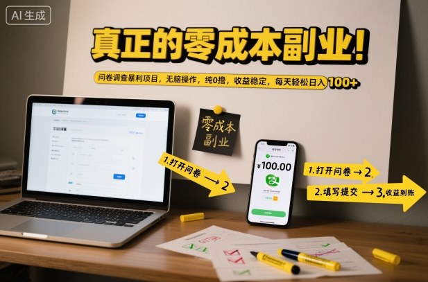 真正的零成本副业！问卷调查暴利项目，无脑操作，纯0撸，收益稳定，每天轻松日入100+【揭秘】-520资源库
