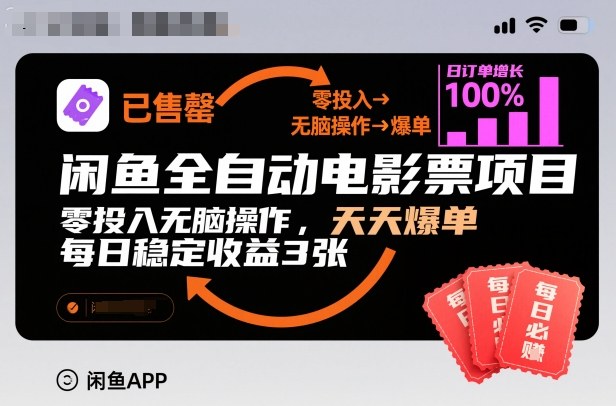 闲鱼全自动电影票项目，零投入无脑操作，天天爆单，每日稳定收益3张【揭秘】-520资源库