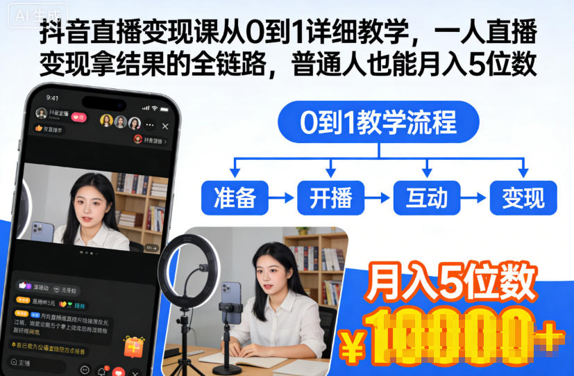 抖音直播变现课从0到1详细教学，一人直播变现拿结果的全链路，普通人也能月入5位数-520资源库