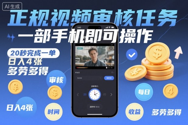 正规视频审核任务，一部手机即可操作，20秒完成一单，日入4张，多劳多得【揭秘】-520资源库