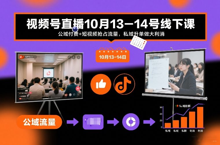 视频号直播10月13-14号线下课，公域付费+短视频抢占流量，私域升单做大利消-520资源库
