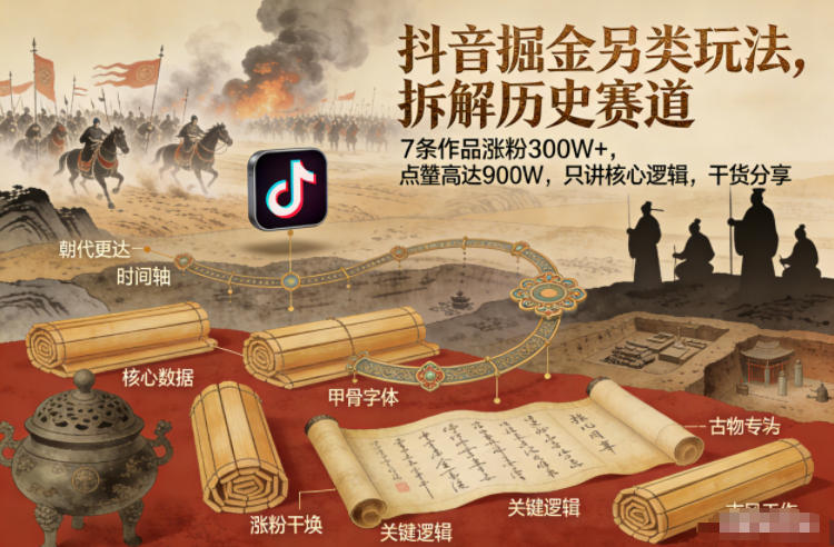 抖音掘金另类玩法，拆解历史赛道，7条作品涨粉300W+，点赞量高达900W，只讲核心逻辑，干货分享-520资源库