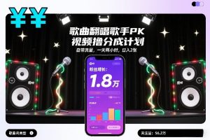 歌曲翻唱歌手PK视频撸分成计划，自带流量，一天两小时，日入2张-520资源库