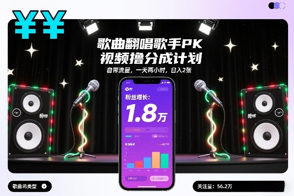 歌曲翻唱歌手PK视频撸分成计划，自带流量，一天两小时，日入2张-520资源库