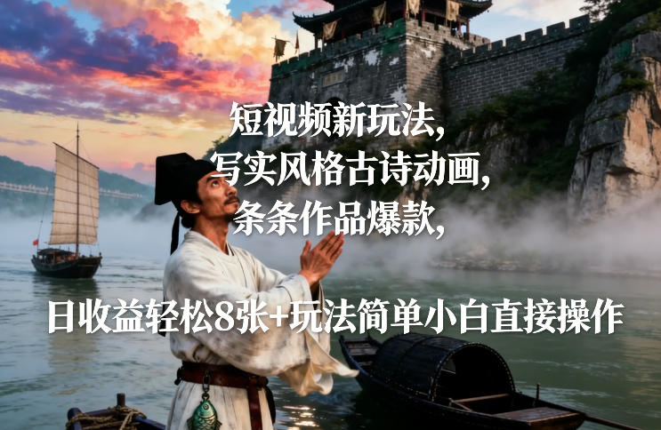 短视频新玩法，写实风格古诗动画，条条作品爆款，日收益轻松8张+玩法简单小白直接操作-520资源库
