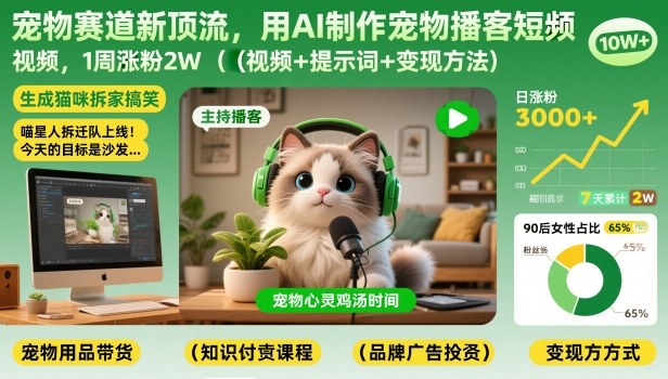 宠物赛道新顶流，用AI制作宠物播客短视频，1周涨粉2W（视频+提示词+变现方法）-520资源库