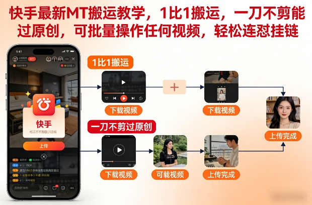 快手最新MT搬运教学，1比1搬运，一刀不剪能过原创，可批量操作任何视频，轻松连怼挂链-520资源库