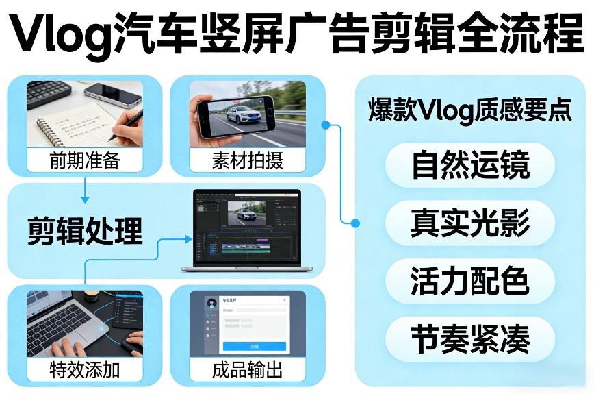 Vlog感觉汽车竖屏广告剪辑脚本全流程，拿捏爆款Vlog质感-520资源库