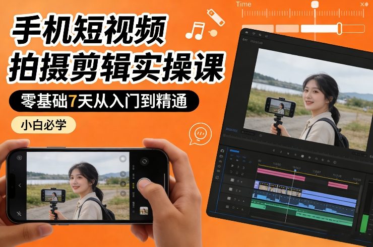 手机短视频拍摄剪辑实操课，零基础7天从入门到精通，小白必学-520资源库