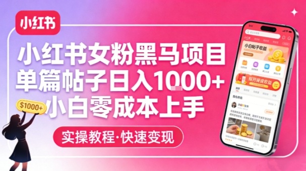 小红书女粉黑马项目，单篇帖子日入1k+，小白零成本上手-520资源库