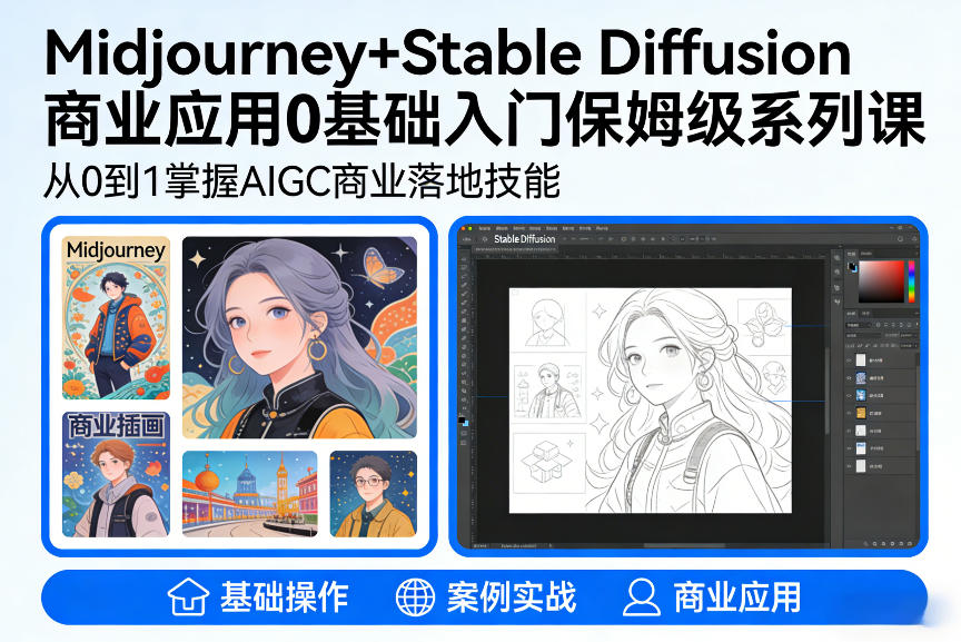 AIGC商业应用Midjourney+Stable Diffusion教程，0基础入门保姆级系列课-520资源库