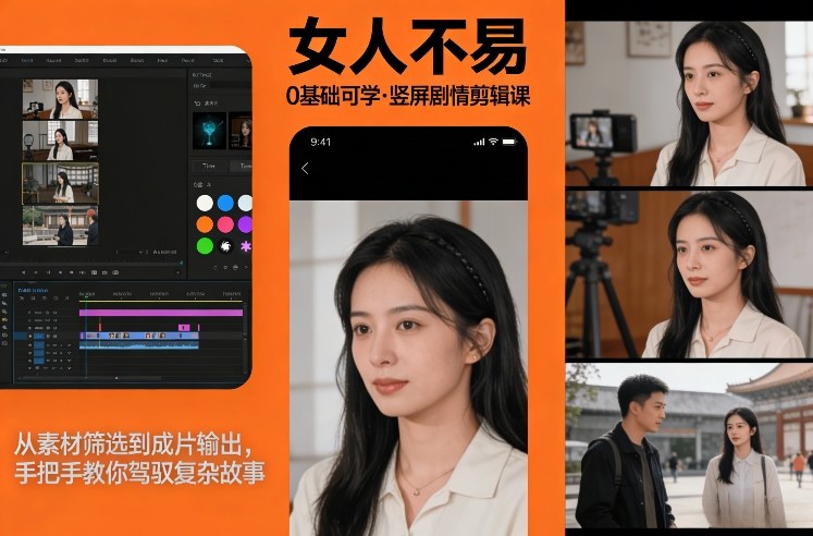 0基础可学！《女人不易》竖屏剧情剪辑课，从素材筛选到成片输出，手把手教你驾驭复杂故事-520资源库