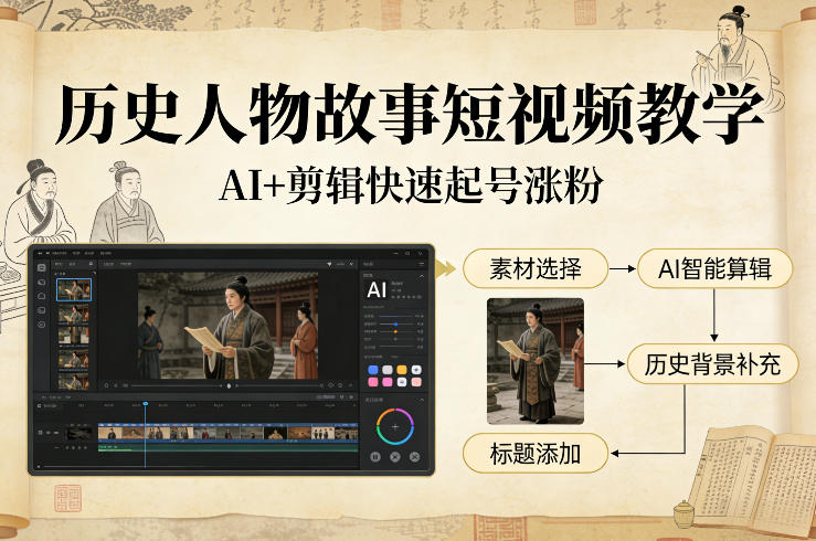 历史人物故事短视频教学，AI+剪辑制作历史人物题材短视频，快速起号涨粉-520资源库