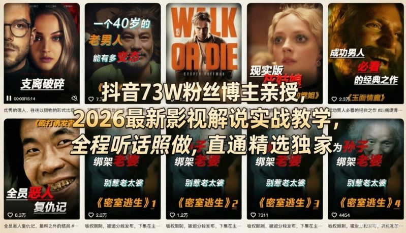 抖音73W粉丝博主亲授，2026最新影视解说实战教学，全程听话照做，直通精选独家-520资源库