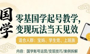 国学小白零基起号，实操当天见效，单账号日收益1k+，适合人群:宝妈、学生党、上班族【揭秘】-520资源库