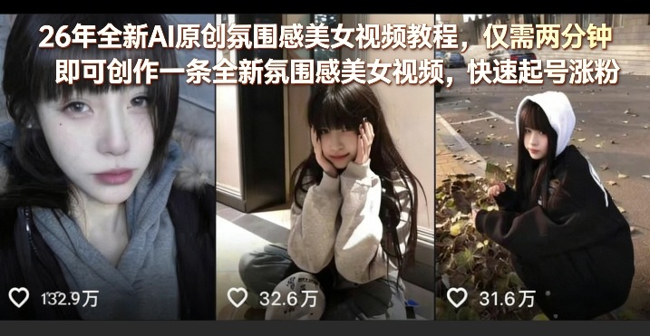 26年全新AI原创氛围感美女视频教程，仅需两分钟即可创作一条全新氛围感美女视频，快速起号涨粉-520资源库