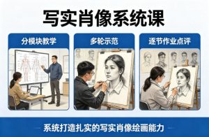 写实肖像系统课，全程分模块教学+多轮示范+逐节作业点评，系统打造扎实的写实肖像绘画能力-520资源库