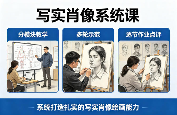 写实肖像系统课，全程分模块教学+多轮示范+逐节作业点评，系统打造扎实的写实肖像绘画能力-520资源库