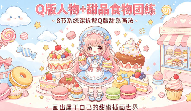 Q版人物+甜品食物团练，8节系统课拆解Q版甜系画法，画出属于自己的甜蜜插画世界-520资源库