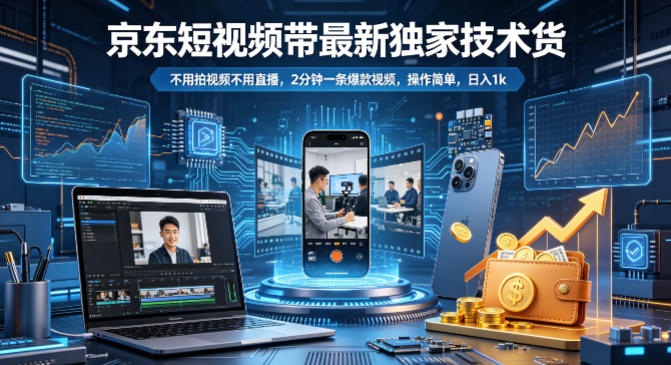 京东短视频带货最新独家技术，不用拍视频不用直播，2分钟一条爆款视频，操作简单，日入1k+【揭秘】-520资源库