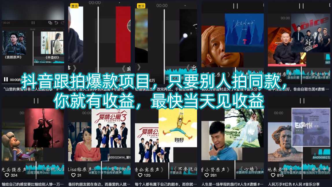 抖音跟拍爆款项目，只要别人拍同款，你就有收益，最快当天见收益-520资源库
