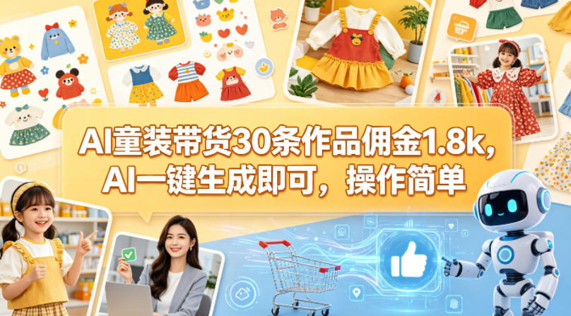 AI童装带货30条作品佣金1.8k，AI一键生成即可，操作简单-520资源库