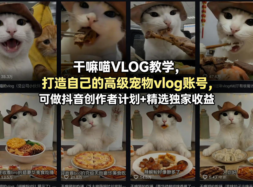 干嘛喵VLOG教学，打造自己的高级宠物vlog账号，可做抖音创作者计划+精选独家收益-520资源库