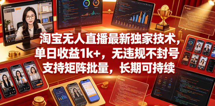 淘宝无人直播最新独家技术，单日收益1k+，无违规不封号，支持矩阵批量，长期可持续【揭秘】-520资源库