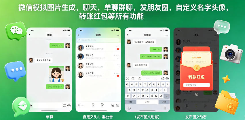 微信模拟图片生成，聊天，单聊群聊，发朋友圈，自定义名字头像，转账红包等所有功能都可以生成-520资源库