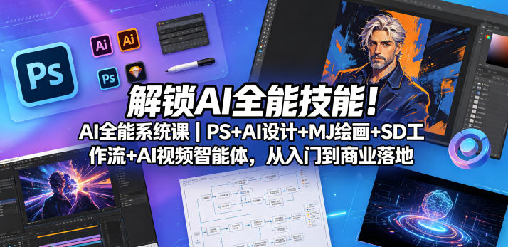 解锁AI全能技能！AI全能系统课｜PS+AI设计+MJ绘画+SD工作流+AI视频智能体，从入门到商业落地-520资源库