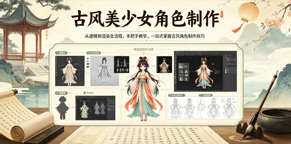 古风美少女角色制作，从建模到渲染全流程，手把手教学，一站式掌握古风角色制作技巧-520资源库