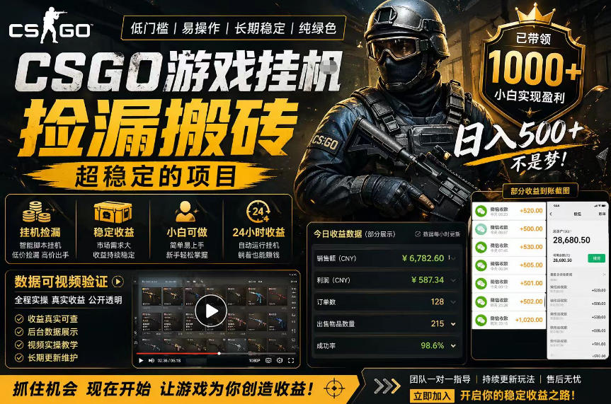 CSGO游戏搬砖，全自动挂G，不需要玩游戏，手机操作日入300+，解放双手【揭秘】-520资源库