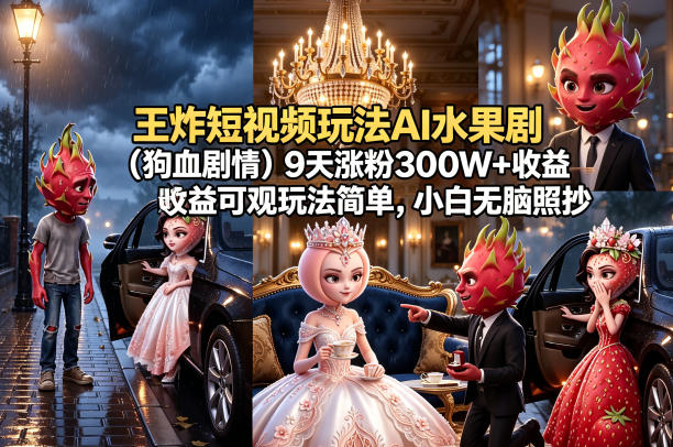 王炸短视频玩法AI水果剧（狗血剧情）9天涨粉300W+收益可观玩法简单，小白无脑照抄，详细拆解玩法-520资源库