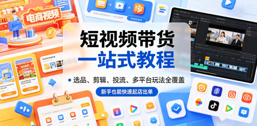短视频带货一站式教程，选品、剪辑、投流、多平台玩法全覆盖，新手也能快速起店出单-520资源库