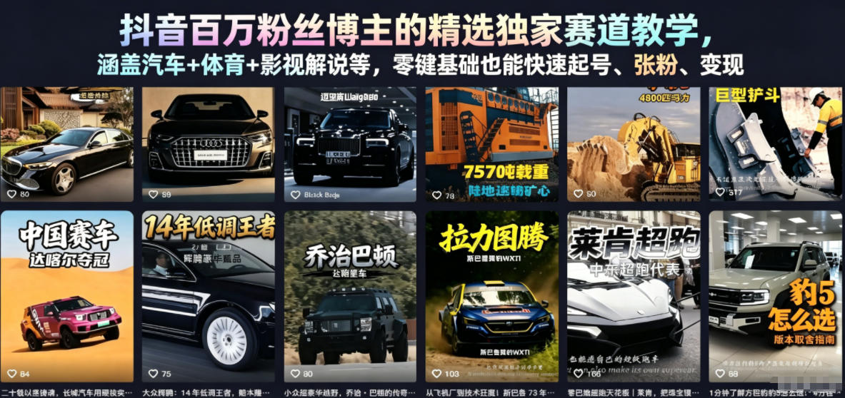 抖音百万粉丝博主的精选独家赛道教学，涵盖汽车+体育+影视解说等，零基础也能快速起号、涨粉、变现-520资源库